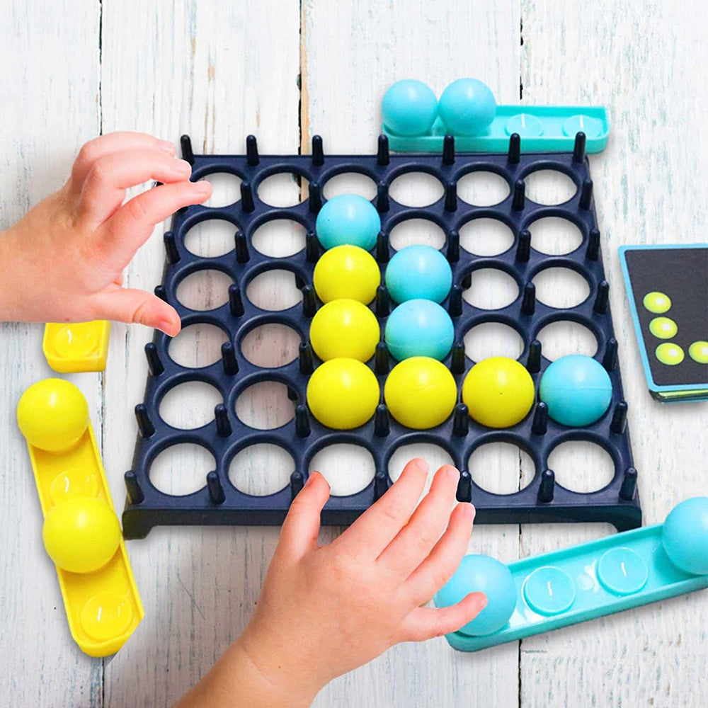 Hüpfball-Brettspiel mit Aufgabenkarten – 16 Bälle, 9 Karten, 1 bis 4 Spieler | Familienspiel