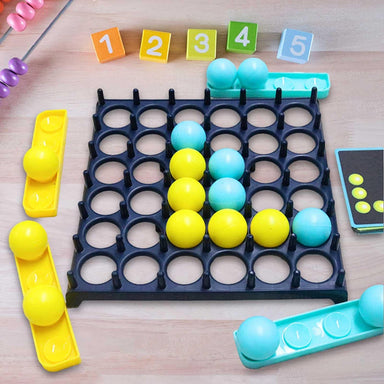 Hüpfball-Brettspiel mit Aufgabenkarten – 16 Bälle, 9 Karten, 1 bis 4 Spieler | Familienspiel