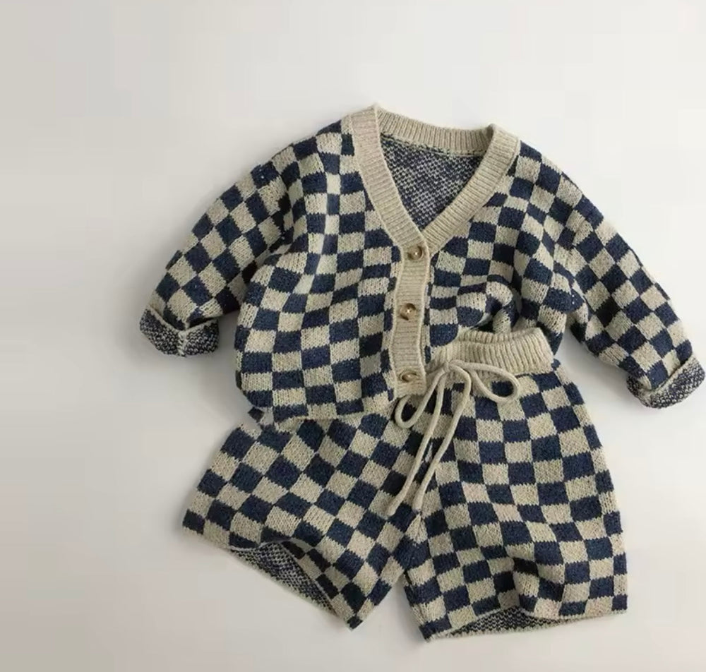 Sommerliches Gestricktes Kinder Short Set – Baby Kleinkind Kinder, Blau/Beige, Baumwolle, Größe 0–7 Jahre