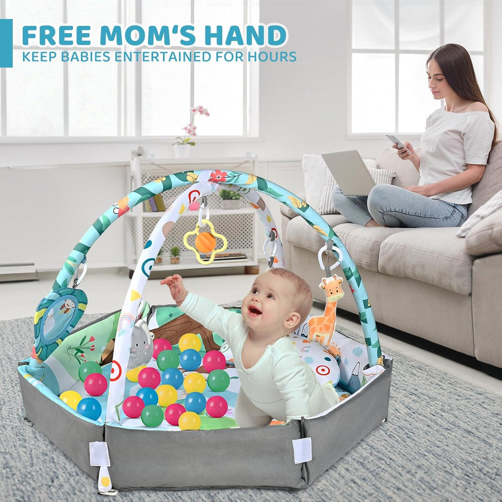 SensoryHaven™ 8-in-1 Baby-Spieldecke mit 6 Spielzeugen – Förderung der Sinne und Motorik für Babys