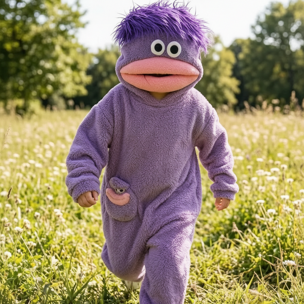 Kinder-Onesie mit Monsterdesign und Kapuze – weicher Stoff, lockere Passform | Kostüm-Overall