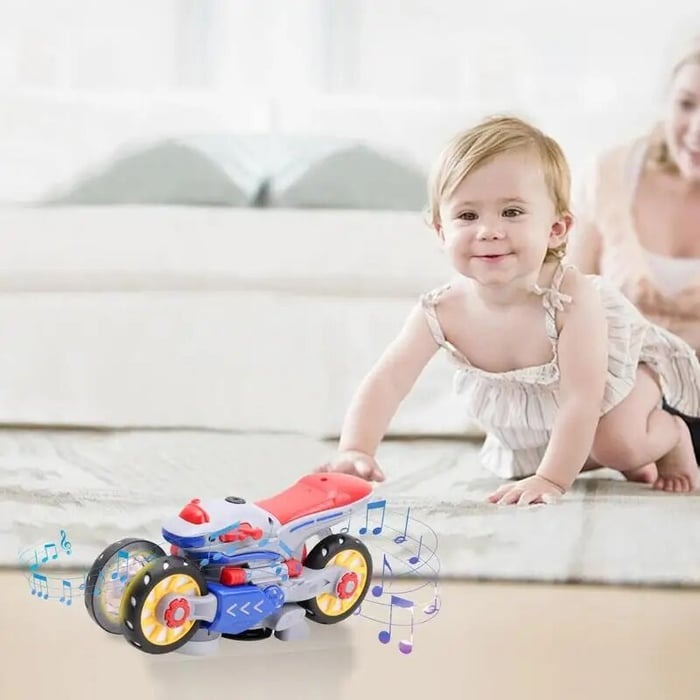 MotoFlash Elektrisches Motorrad mit LED-Lichtern und Musik – 360° Drehbares Spielzeug für Kinder