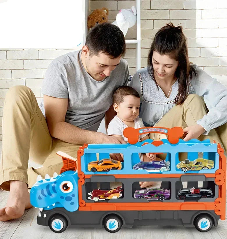 DinoRace Explorer – Spielzeugtruck mit ausziehbarer Rennbahn und Mini-Autos für Kinder 3+