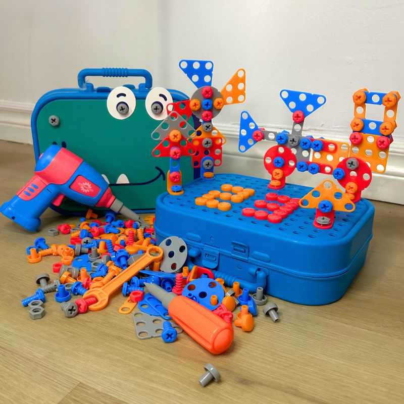 Montessori Werkzeugset mit Puzzles 351 Teile – Spielbohrmaschine, Aufbewahrungsbox | Bauspielzeug