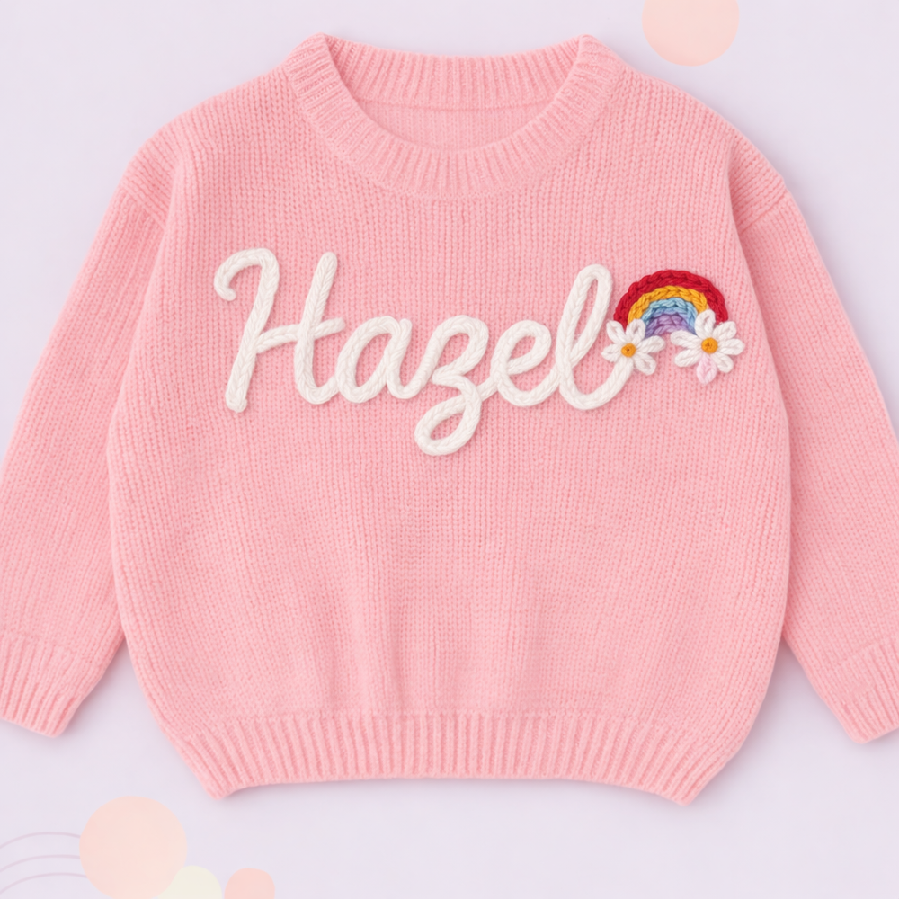 Pullover mit Namen und Tannenbaumprint – bestickt, Baumwolle, Rundhals | Weihnachtspulli Baby