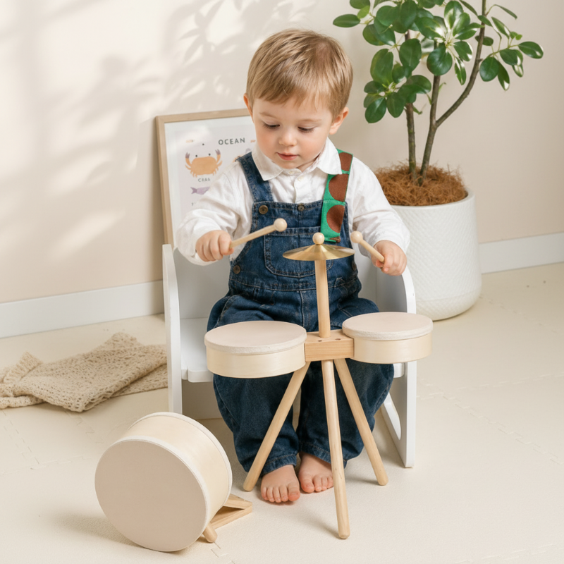 Holz-Schlagzeug mit Becken und Xylofon – 5 Instrumente, Buchenholz | Musikspielzeug