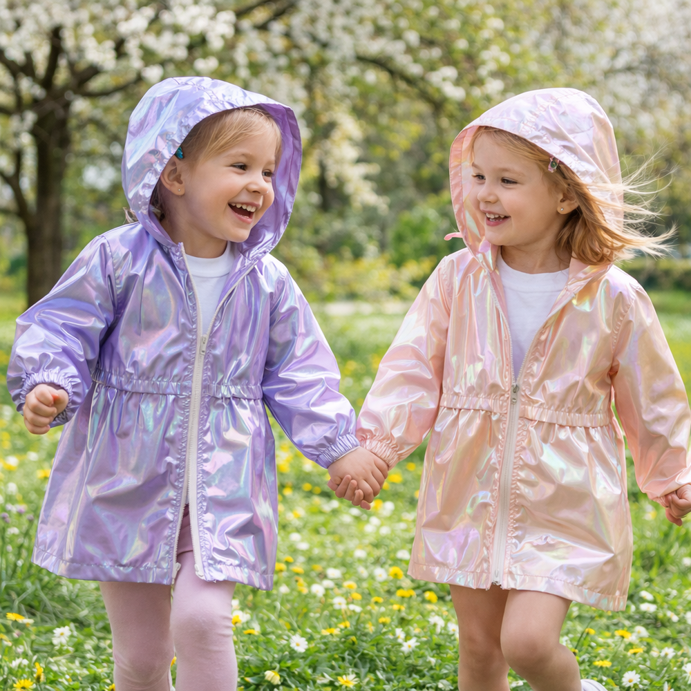 Kinderregenjacke mit Kapuze und Glanzoptik – Reißverschluss, Bündchen | Regenjacke