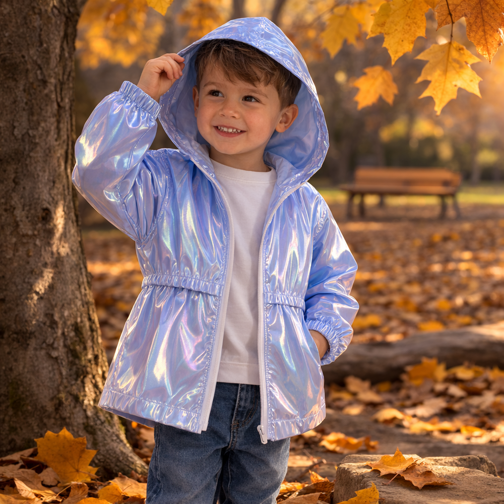 Kinderregenjacke mit Kapuze und Glanzoptik – Reißverschluss, Bündchen | Regenjacke