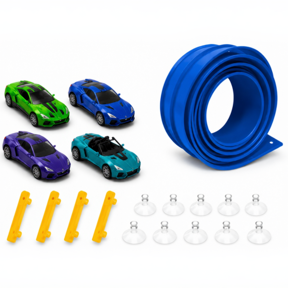 Flexible Rennbahn für Kinder – 395 cm mit Push-and-Go Rennautos & Hindernissen