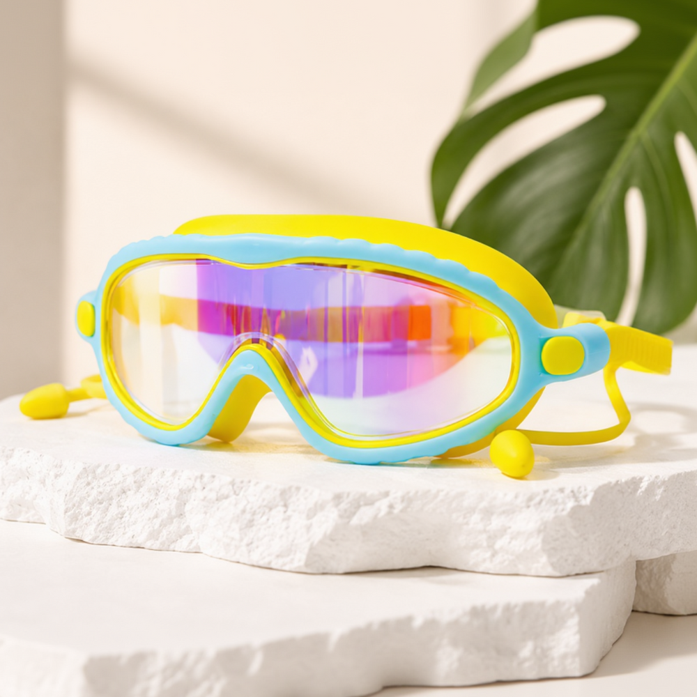 Kinder-Schwimmbrille mit Antibeschlag & UV-Schutz – Verstellbar, HD-Sicht & Ohrstöpsel