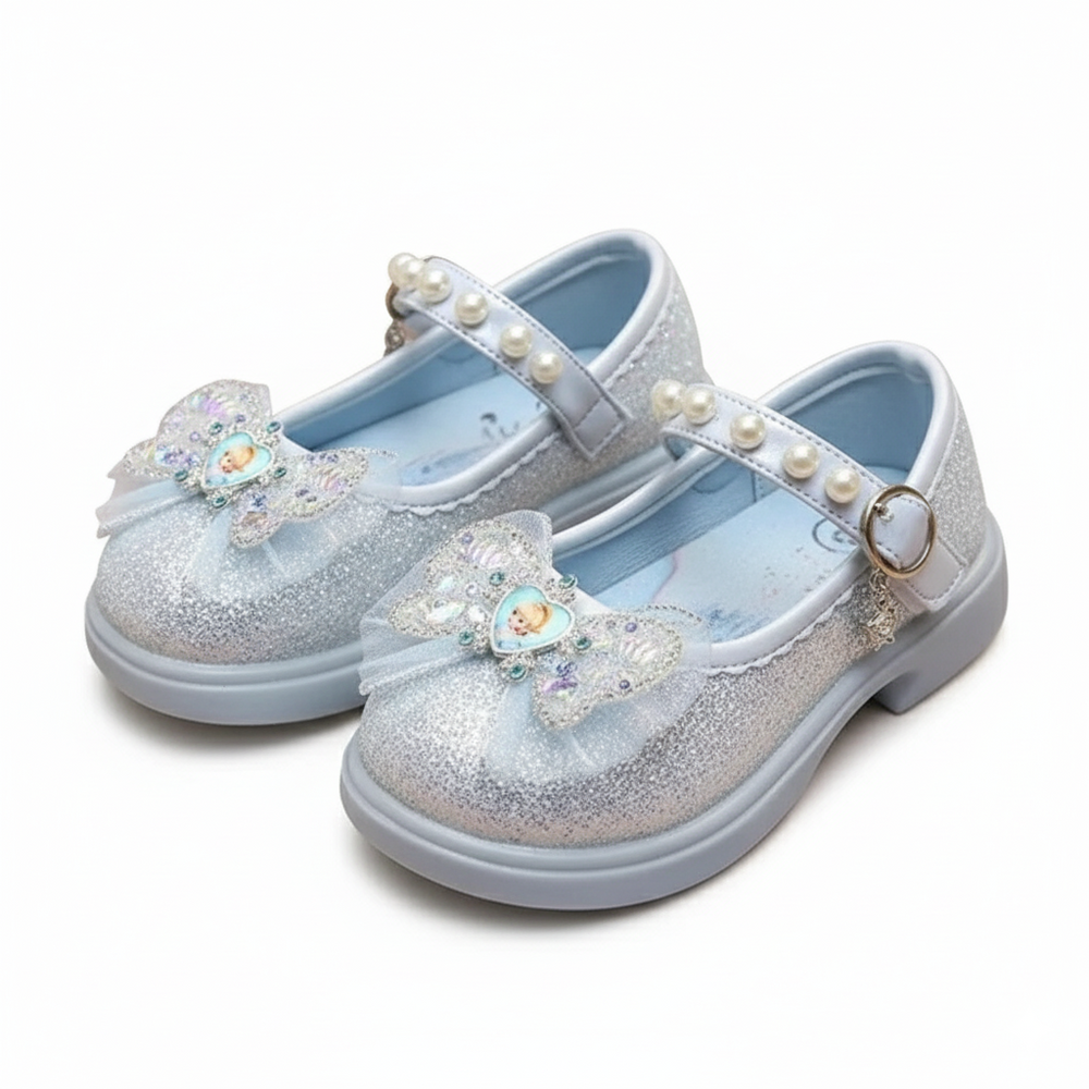 Glänzende Mädchenschuhe mit Klettverschluss – Schleife, Perle, gepolsterte Sohle | Festschuhe