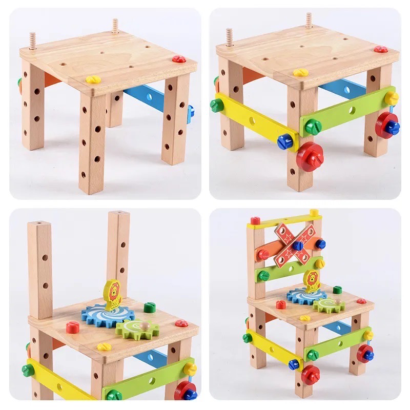 Montessori Holz-Bau- und Stuhlset – Pädagogisches Spielzeug für Kleinkinder | MiniMaker Werkstuhl