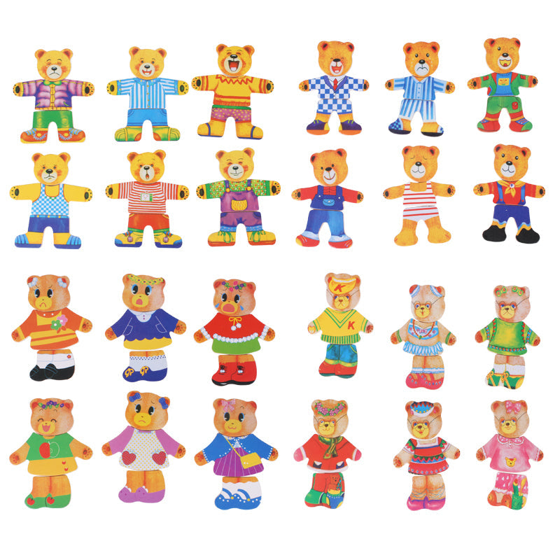 Holz-Anziehpuzzle Bär mit 100 Outfits – Buchenholz, Aufbewahrungsbox, ab 2 Jahren | Steckpuzzle