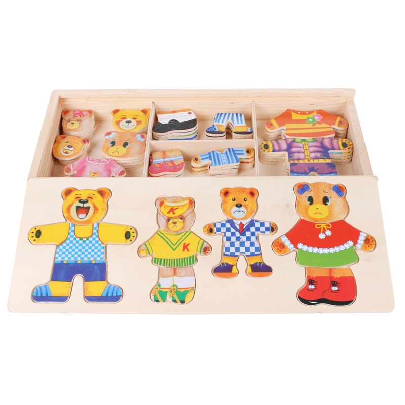 Holz-Anziehpuzzle Bär mit 100 Outfits – Buchenholz, Aufbewahrungsbox, ab 2 Jahren | Steckpuzzle