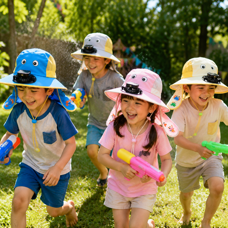 Kinder-Sommerhut mit Ventilator – Sonnenschutz & Abkühlung, USB und Solar