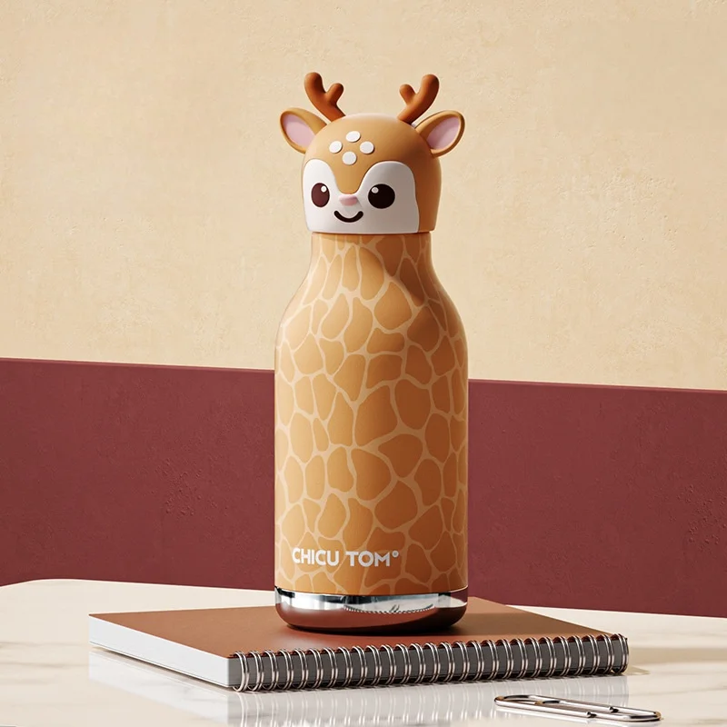 Kinder-Thermosflasche Edelstahl 316 mit Tierkopf – 8 Std. warm, 12 Std. kalt, Schule | Trinkflasche