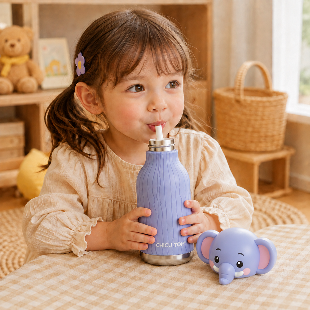 Kinder-Thermosflasche Edelstahl 316 mit Tierkopf – 8 Std. warm, 12 Std. kalt, Schule | Trinkflasche