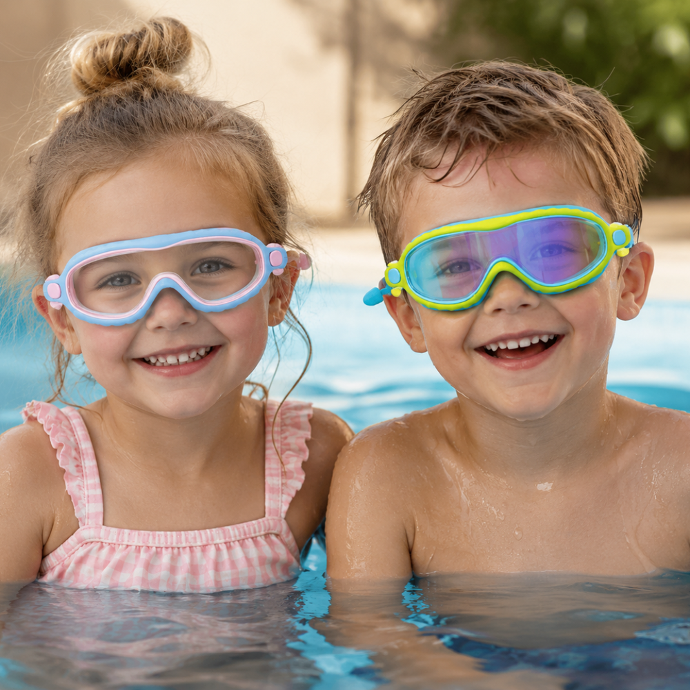 Kinder-Schwimmbrille mit Antibeschlag & UV-Schutz – Verstellbar, HD-Sicht & Ohrstöpsel