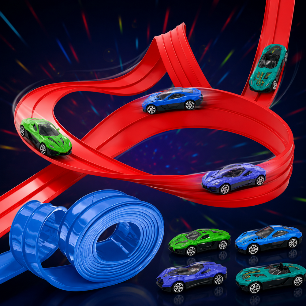Flexible Rennbahn für Kinder – 395 cm mit Push-and-Go Rennautos & Hindernissen