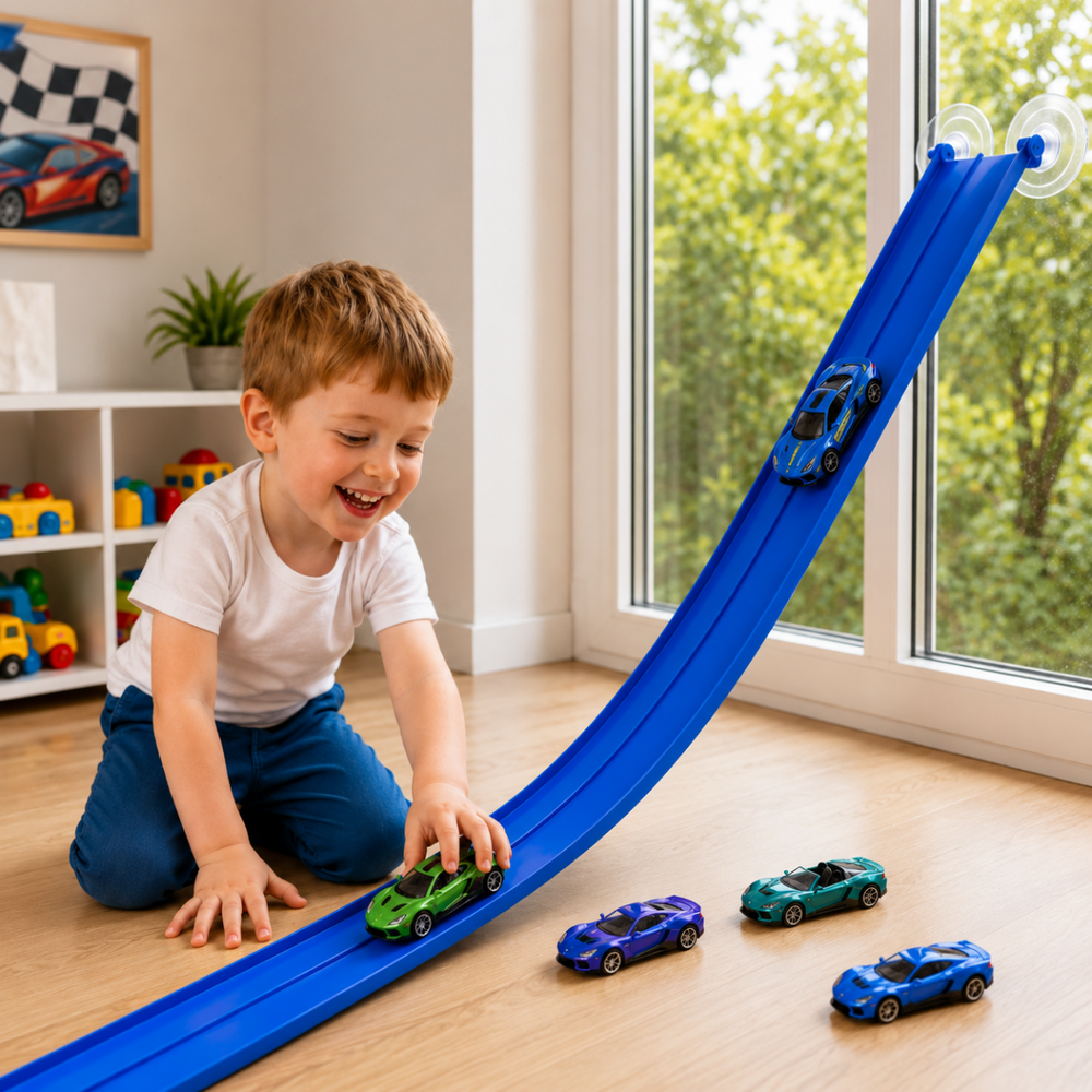 Flexible Rennbahn für Kinder – 395 cm mit Push-and-Go Rennautos & Hindernissen