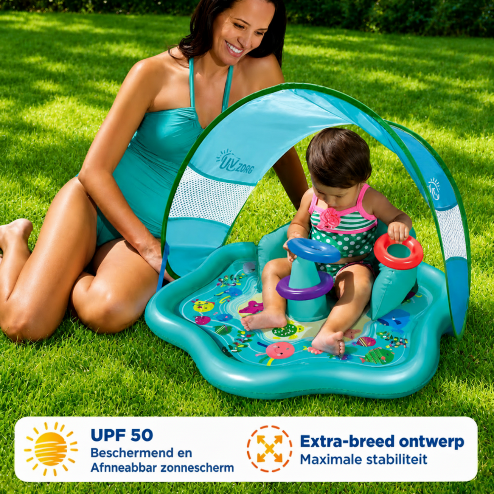 Baby-Planschbecken mit Sonnendach (UPF 50) – Aufblasbares Wasserspielbecken mit Stapelringen