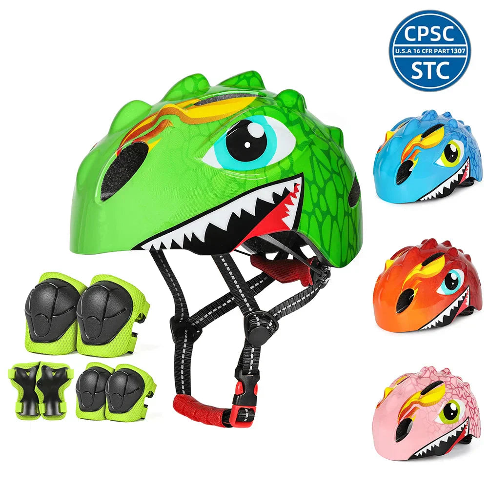 Kinderhelm-Set mit Dino-Design – Fahrradhelm plus Knie- und Ellenbogenschützer