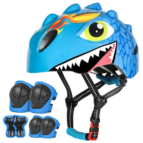 Kinderhelm-Set mit Dino-Design – Fahrradhelm plus Knie- und Ellenbogenschützer