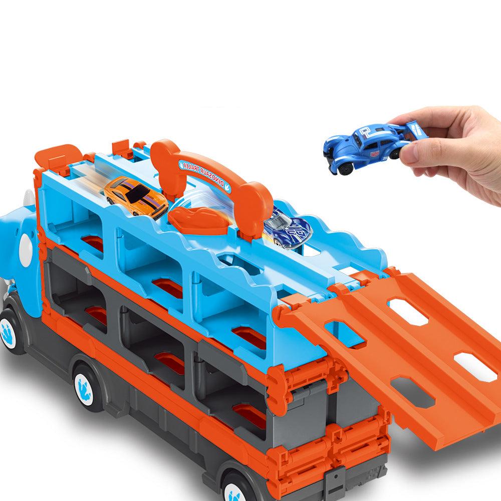 DinoRace Explorer – Spielzeugtruck mit ausziehbarer Rennbahn und Mini-Autos für Kinder 3+