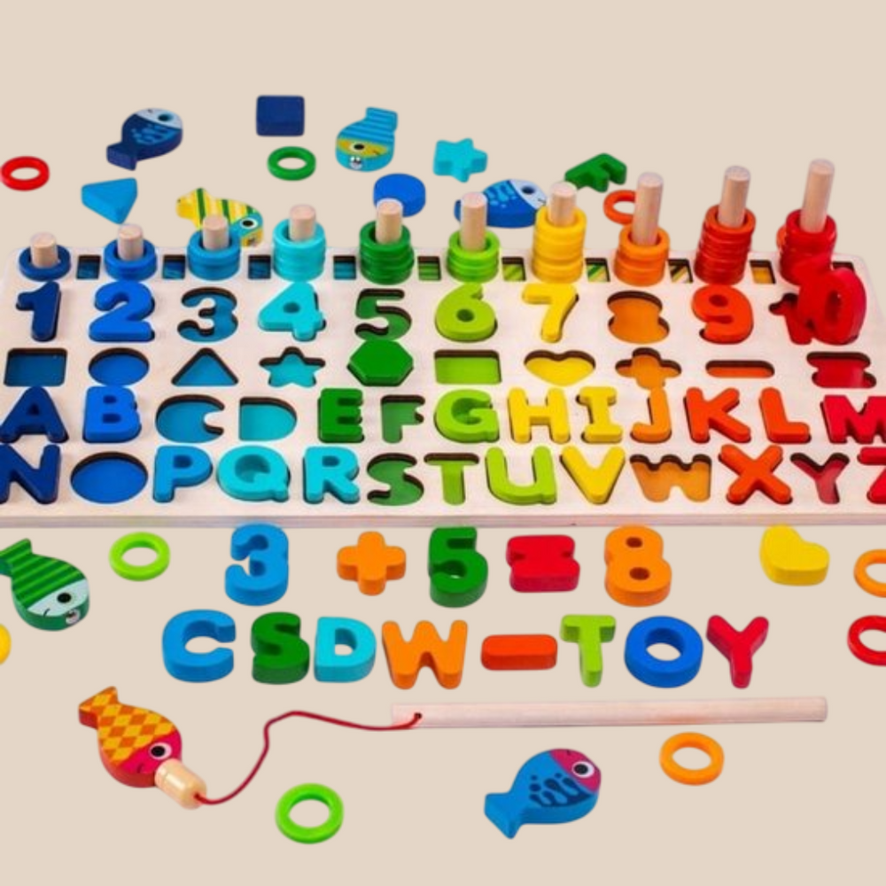 SpeelSlim Pädagogisches Holzspielbrett – Buchstaben, Zahlen & Formen, Lernspielzeug nach Montessori, +1 Jahr