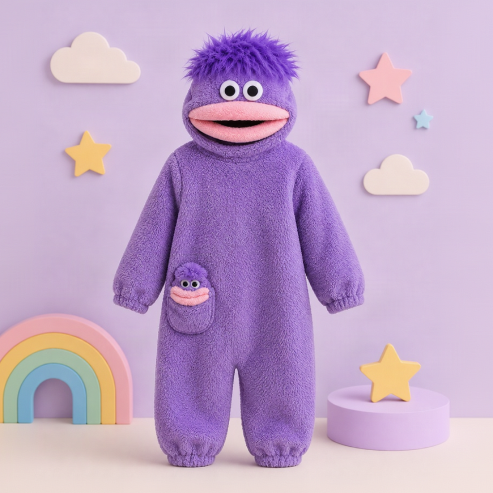 Kinder-Onesie mit Monsterdesign und Kapuze – weicher Stoff, lockere Passform | Kostüm-Overall
