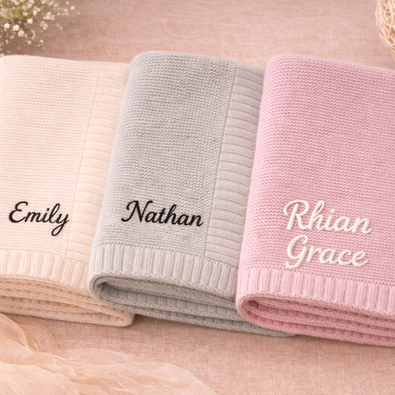 Babydecke mit gesticktem Namen – Strickbaumwolle, Rippkante | personalisiertes Babygeschenk