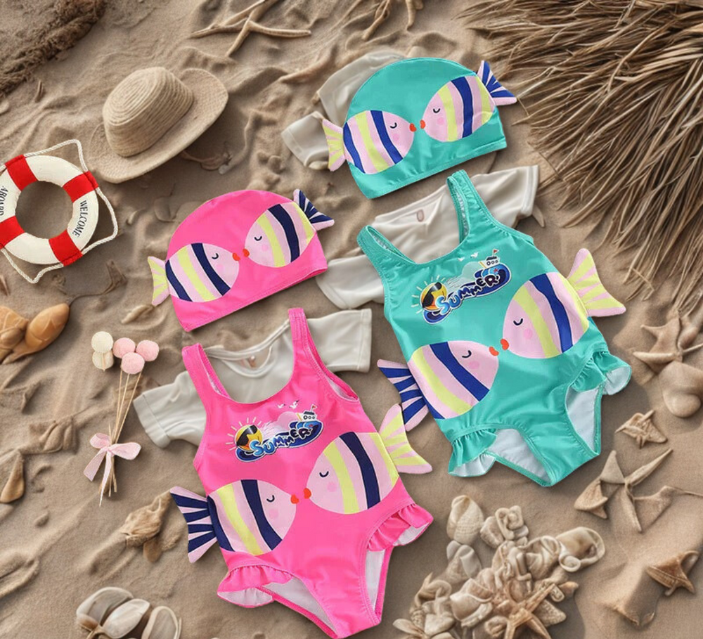 Weiches & Schnell trocknendes Mädchen Badeanzug-Set mit Schwimmkappe – Komfortables & Verspieltes Design | SunnySplash Badeset 0–4 Jahre