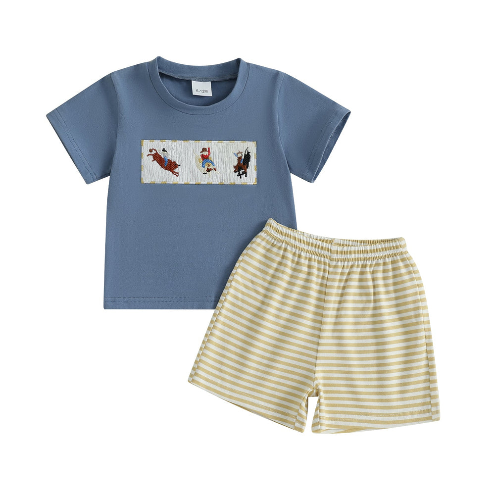 JungleJump Sommer-Set Jungen | T-Shirt mit Äffchen & Gestreifte Shorts | Baumwolle & Polyester | 6 Monate–4 Jahre | Blau & Gelb