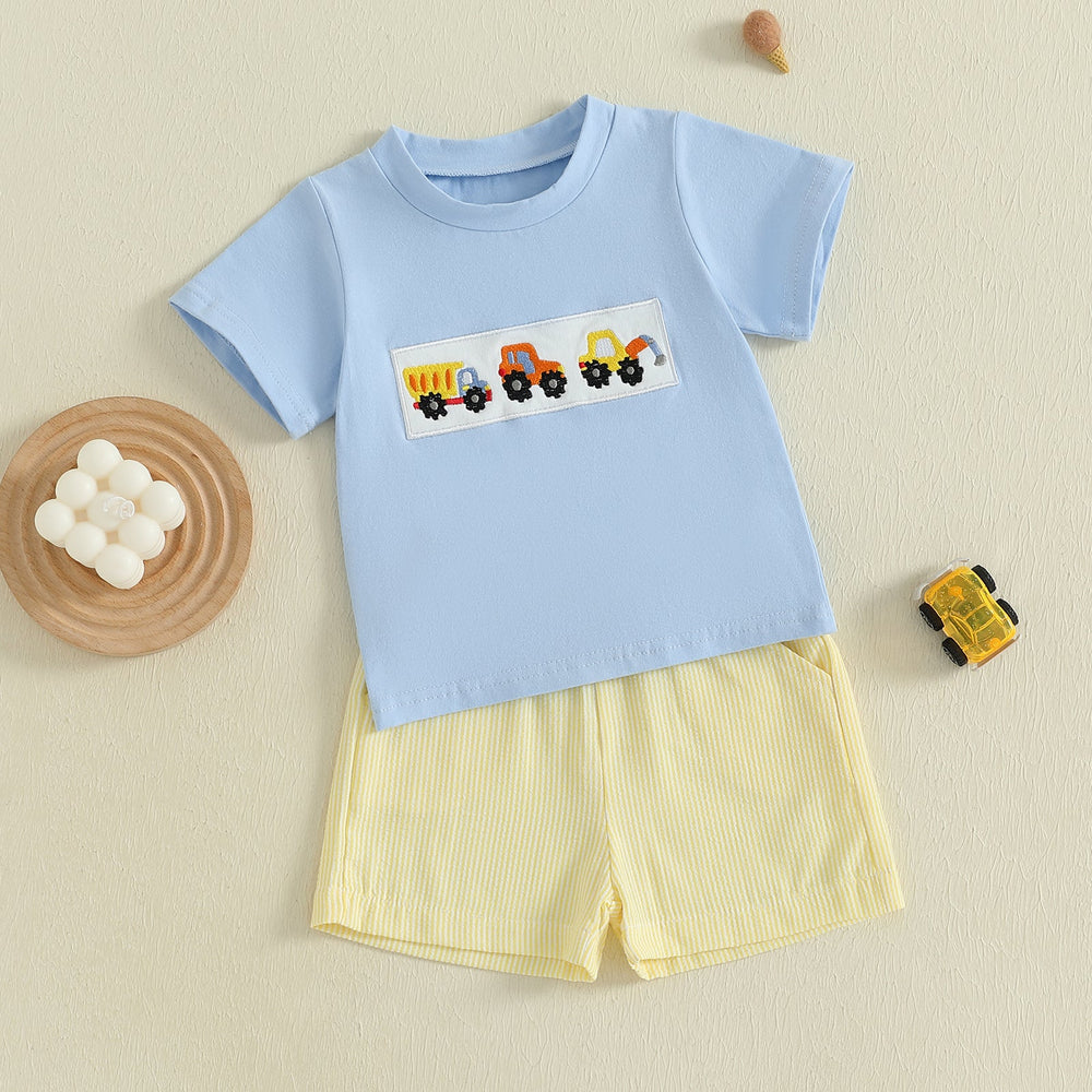 MiniMachines Sommer-Set Jungen | T-Shirt mit Baufahrzeugen & Gestreifte Gelbe Shorts | Baumwolle & Polyester | 0–4 Jahre | Bequemes Sommeroutfit