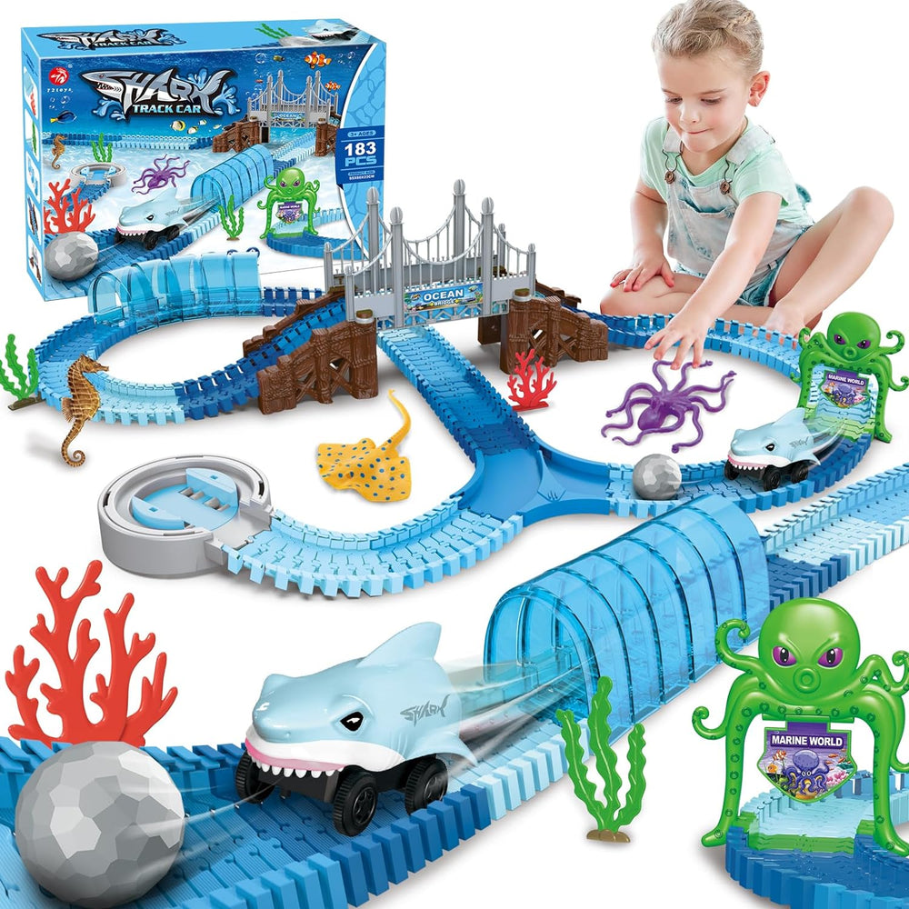 SharkBend Ozean-Rennbahn Spielset – Flexible Autorennbahn mit Brücke & Haiauto | 183-teiliges Meereswelt-Set für Kinder ab 3 Jahren | Pädagogisches Ozean-Spielzeug