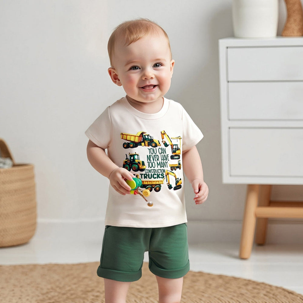 TruckPower Sommer-Set Jungen | T-Shirt mit Baufahrzeugen & Shorts | Baumwolle & Spandex | 12 Monate–5 Jahre | Cooles Baustellen-Outfit