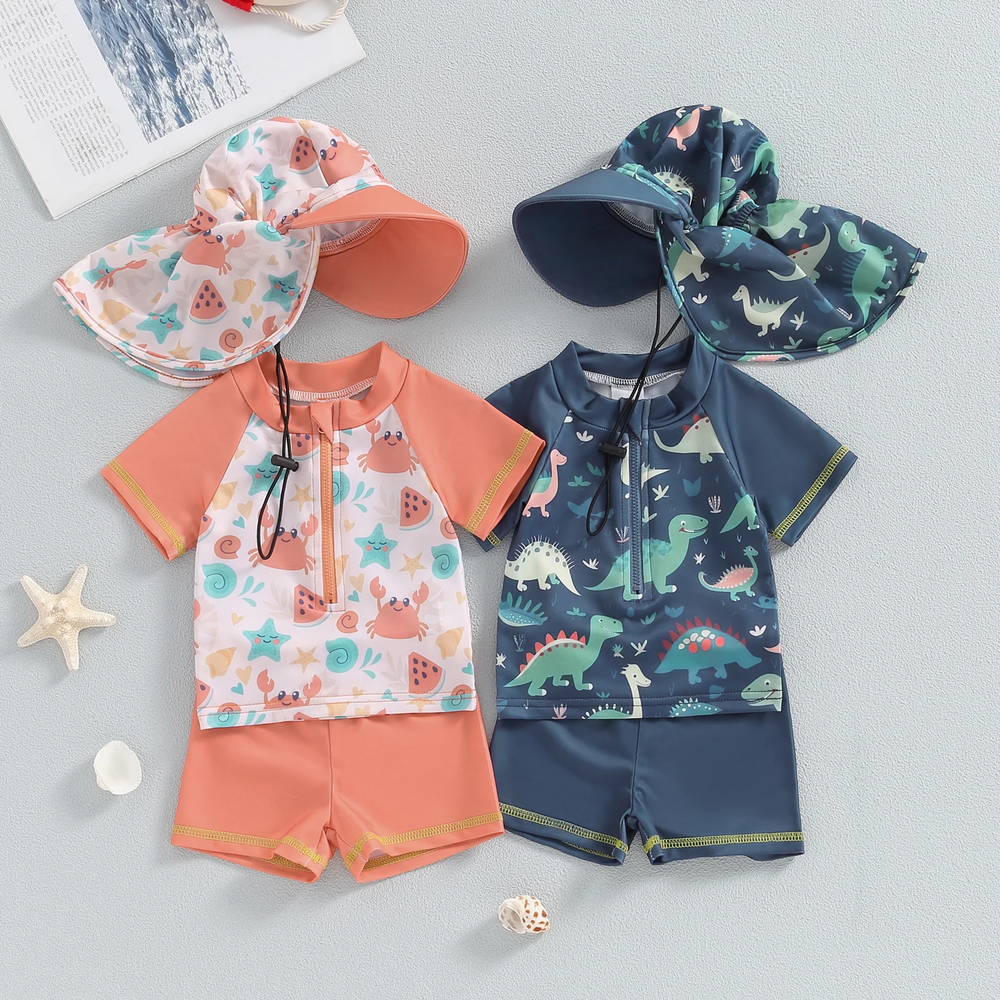 SunnySplash Bade-Set für Kinder | T-Shirt, Hose & Sonnenhut | UV-Schutz | Dinosaurier & Krabben | 0-3 Jahre