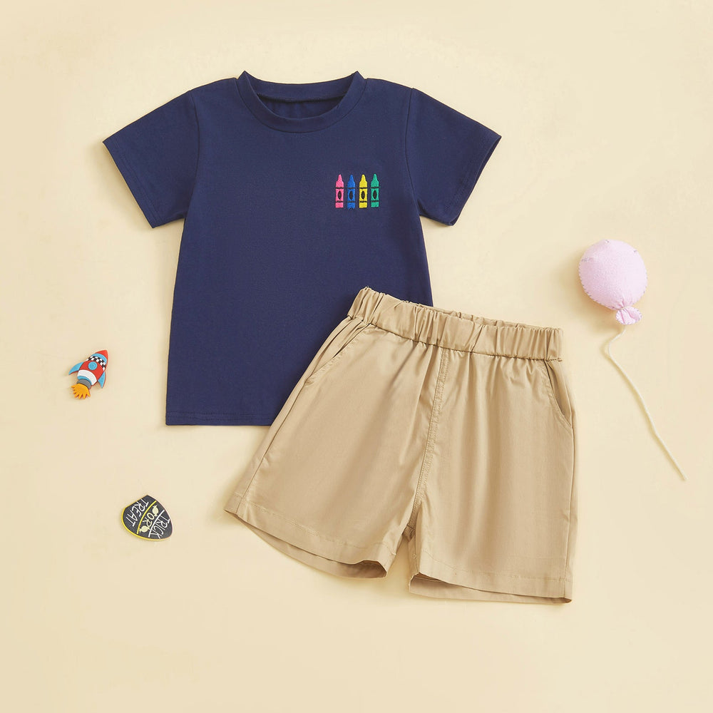 CrayonCool Sommer-Set Jungen | T-Shirt mit Kreidemuster & kurze Hose | Baumwolle & Polyester | 18 Monate–6 Jahre | Dunkelblau oder Hellblau