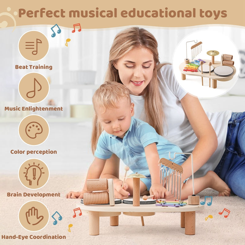 Hölzerner Musik Tisch - Pädagogisches Musikinstrument für Kinder, inkl. Trommeln, Xylophon &amp; Becken, ab 1 Jahr