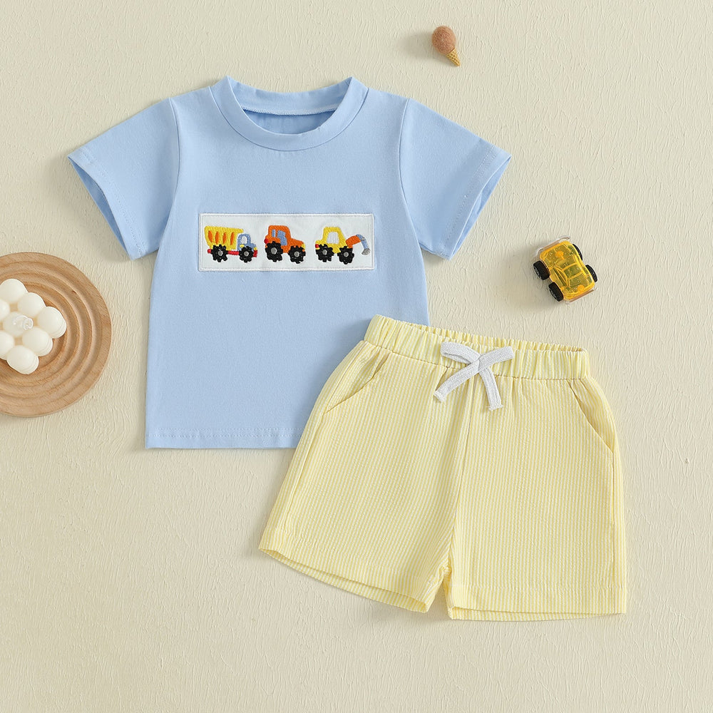 MiniMachines Sommer-Set Jungen | T-Shirt mit Baufahrzeugen & Gestreifte Gelbe Shorts | Baumwolle & Polyester | 0–4 Jahre | Bequemes Sommeroutfit