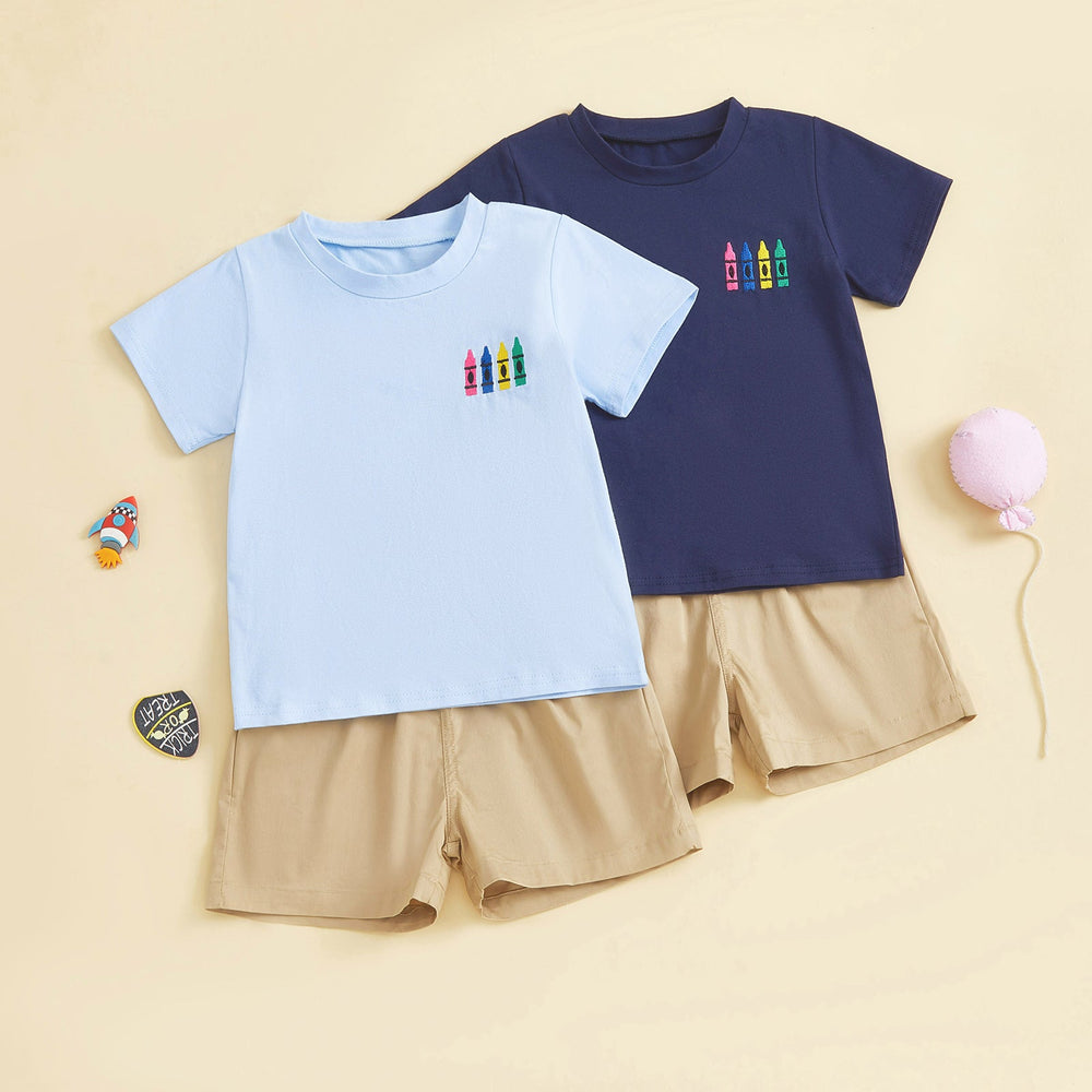 CrayonCool Sommer-Set Jungen | T-Shirt mit Kreidemuster & kurze Hose | Baumwolle & Polyester | 18 Monate–6 Jahre | Dunkelblau oder Hellblau