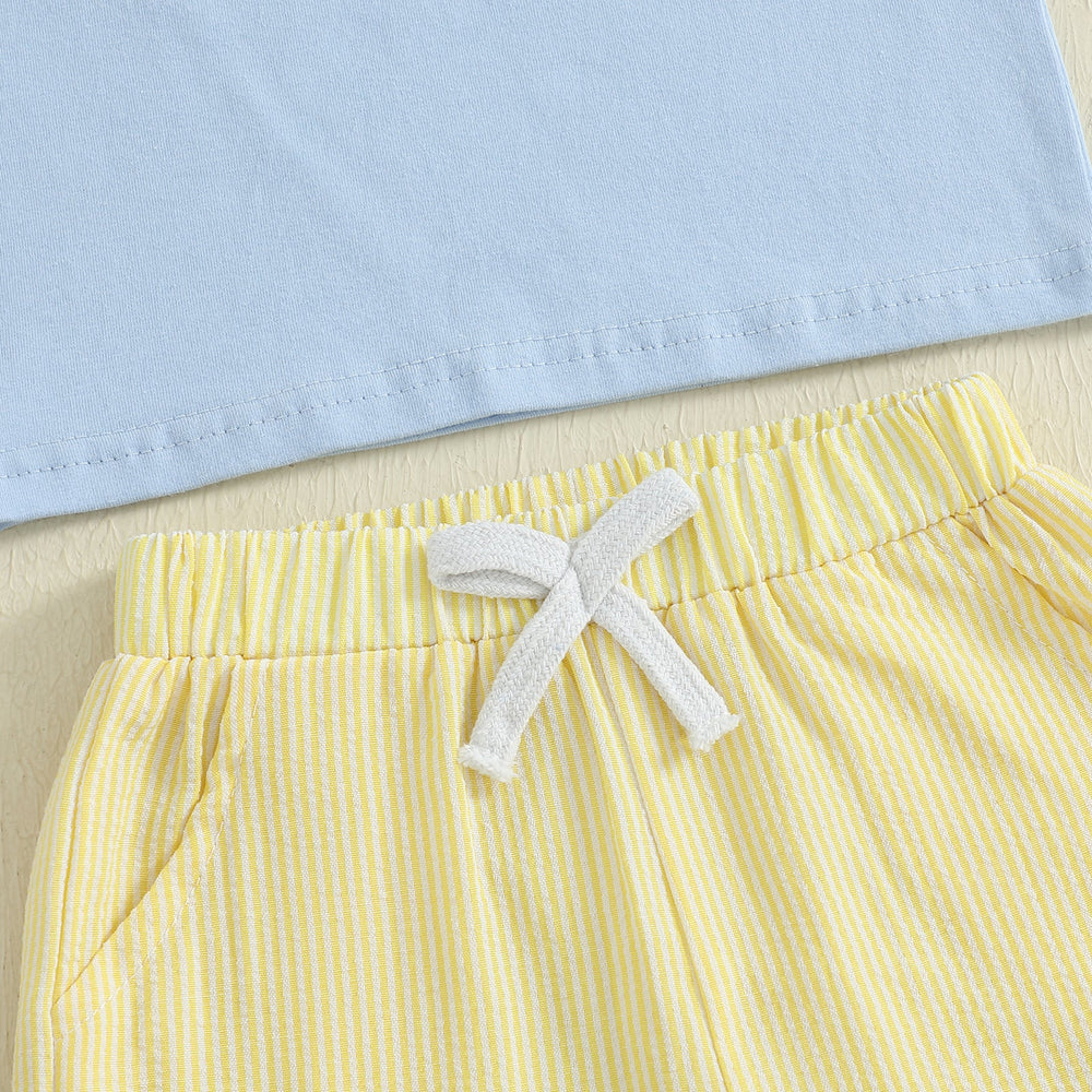 MiniMachines Sommer-Set Jungen | T-Shirt mit Baufahrzeugen & Gestreifte Gelbe Shorts | Baumwolle & Polyester | 0–4 Jahre | Bequemes Sommeroutfit