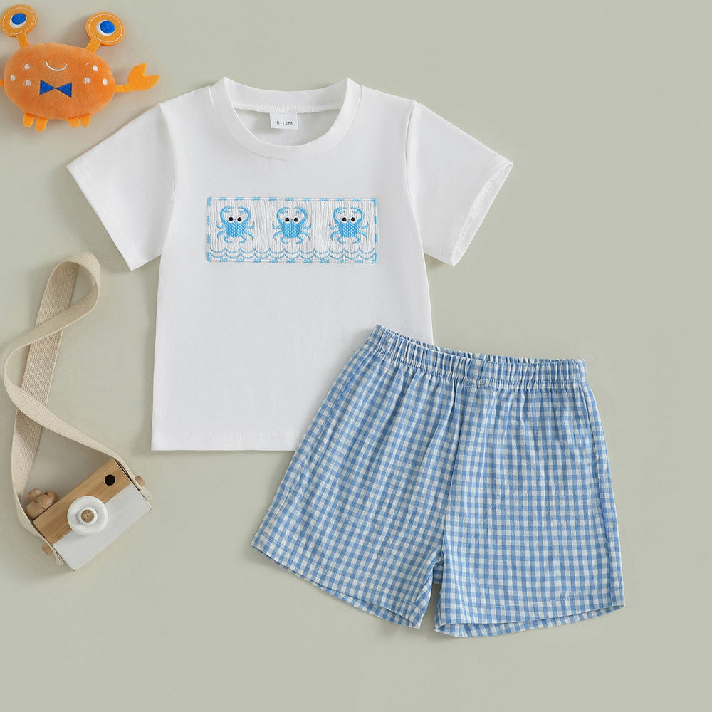 CrabbyCool Sommer-Set Baby & Kleinkind | T-Shirt mit Krabben & Karierten Shorts | Baumwolle & Polyester | 6 Monate–4 Jahre | Weiß & Blau