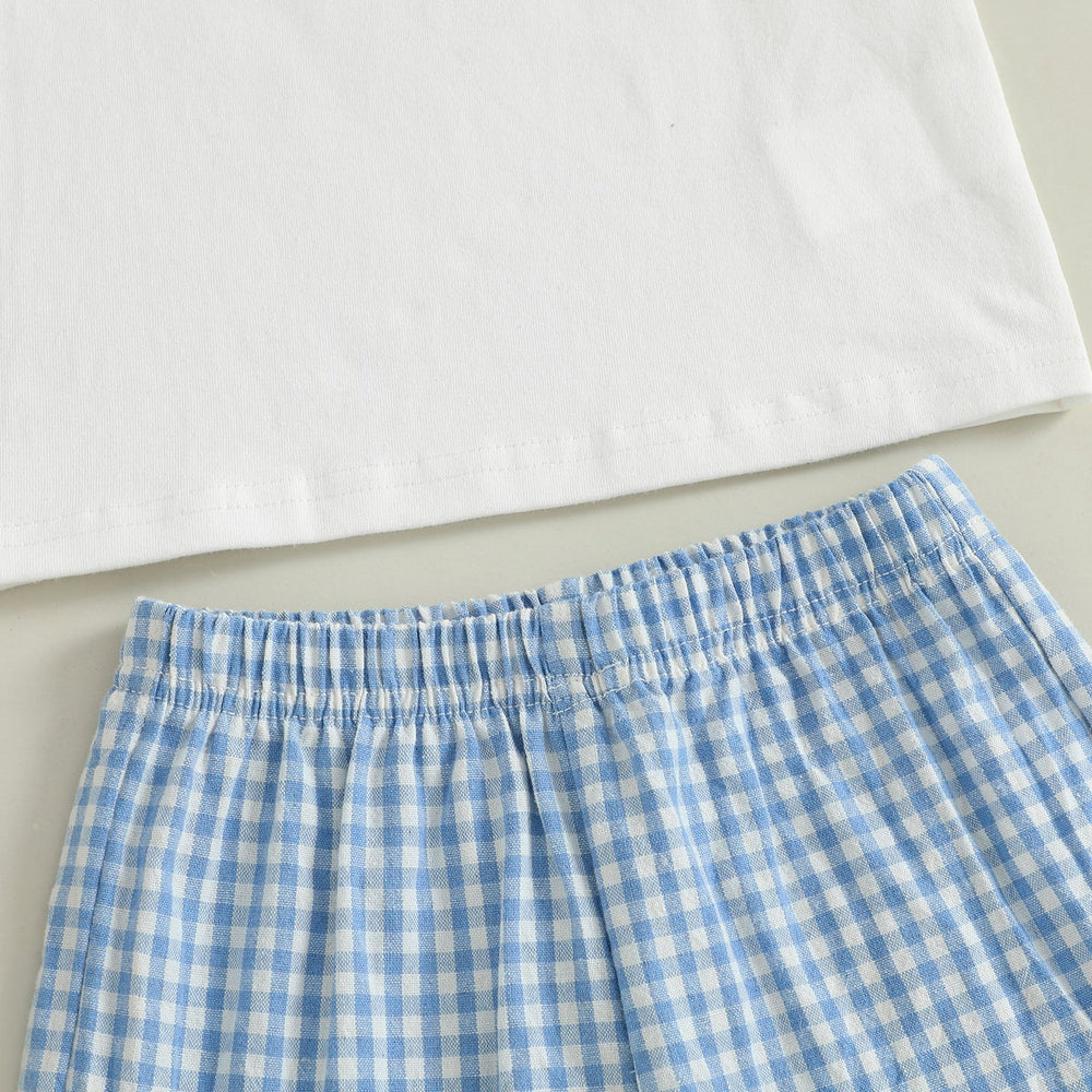 CrabbyCool Sommer-Set Baby & Kleinkind | T-Shirt mit Krabben & Karierten Shorts | Baumwolle & Polyester | 6 Monate–4 Jahre | Weiß & Blau