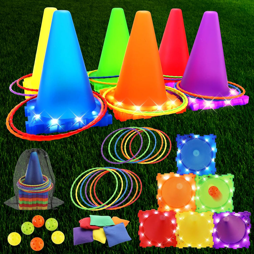 GlowToss Wurfspiel-Set – Leuchtendes Ringwurfspiel mit 6 Lichtkegeln in Eisform + Ringe, Bälle & Sandsäckchen | Outdoorspielzeug für Kinder & Erwachsene