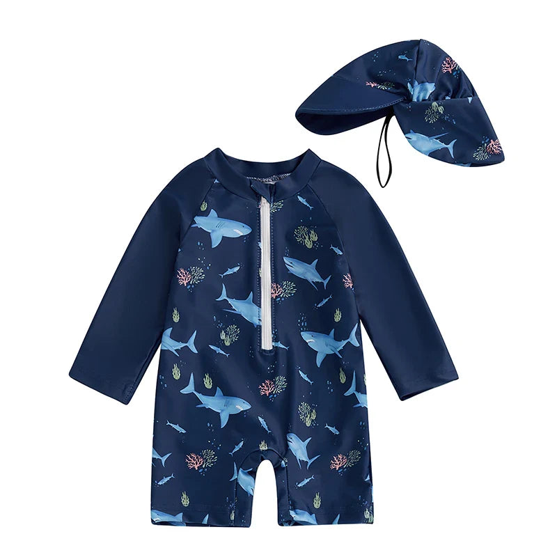 Jungen UV Badeanzug Hai-Druck mit Sonnenhut – Lange Ärmel | 0-5J.
