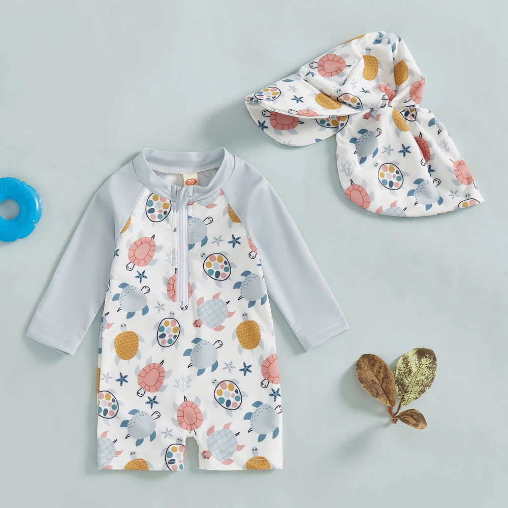 OceanGuard Badeanzug-Set für Babys & Kleinkinder | Lange Ärmel & Sonnenhut | UV-Schutz | Fische &amp; Schildkröten | 0-3 Jahre