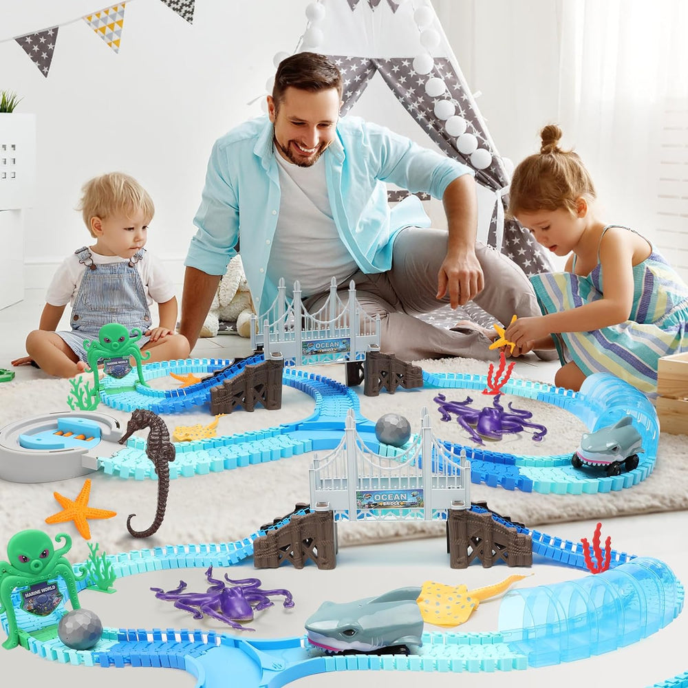 SharkBend Ozean-Rennbahn Spielset – Flexible Autorennbahn mit Brücke & Haiauto | 183-teiliges Meereswelt-Set für Kinder ab 3 Jahren | Pädagogisches Ozean-Spielzeug