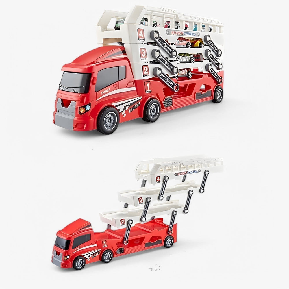 Spielzeug-Autotransporter mit 6 Rennautos – Ladefunktion, ohne Batterien | Lkw