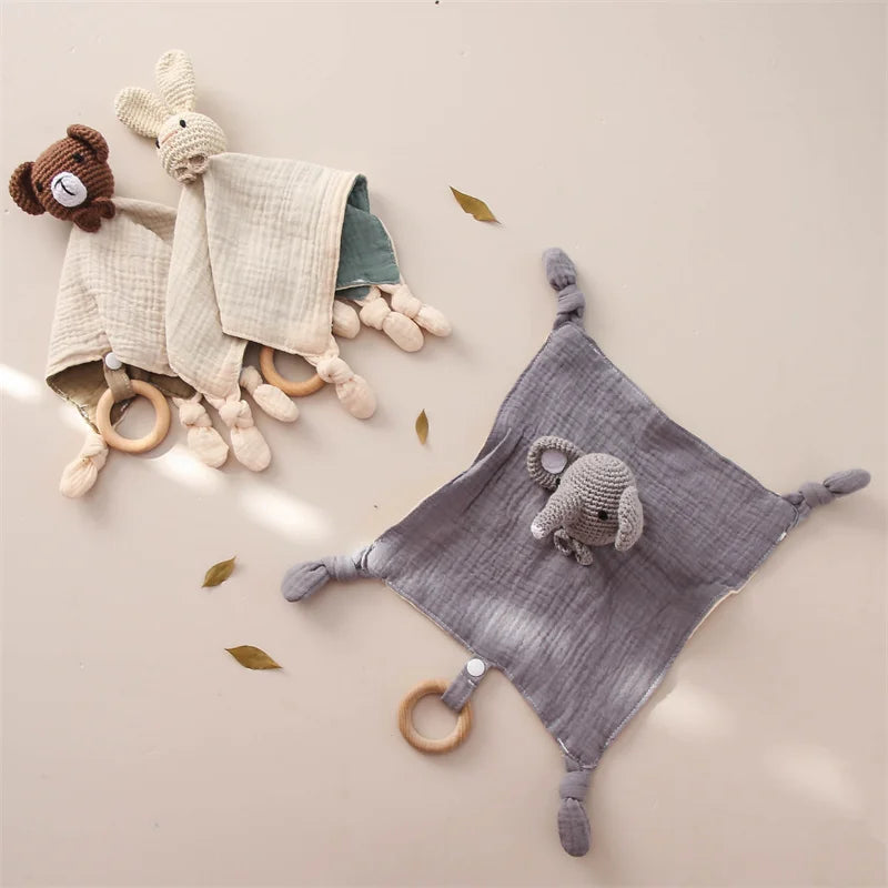 Kuscheltuch für Babys mit Holz Beißring & Rassel – 100% Baumwolle | Ideal bei Zahnungsbeschwerden & für Geborgenheit